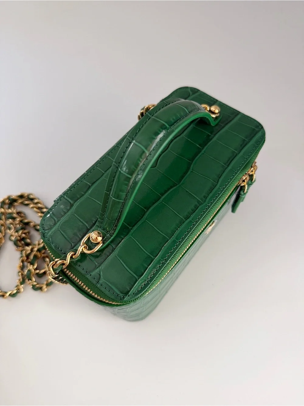 CHANEL Green Croc Embossed Top Handle Vanity